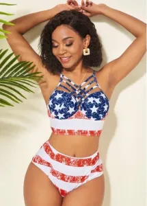 Modlily High Waisted American Flag Print Spaghetti Strap Bikini Set - 16