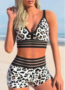 Modlily High Waisted Mesh Stitching Leopard Bikini Set - S