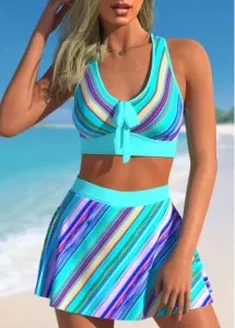 Modlily High Waisted Stripe Print Cyan Bikini Set - XL