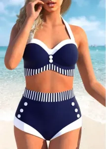 Modlily Button High Waisted Striped Navy Bikini Set - XL