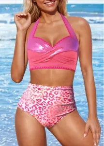 Modlily Hot Stamping Leopard Pink Bikini Set - L