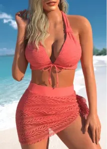 Modlily Jacquard Lace Tie Coral Bikini Set - L