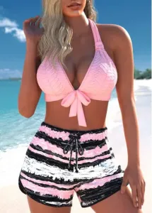 Modlily Jacquard Striped Pink Bowknot Bikini Set - S