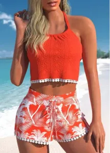 Modlily Lace Tropical Plants Print Orange Bikini Set - L