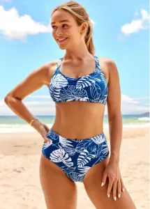 Modlily Lace Up High Waisted Tropical Print Bikini Set - XXL