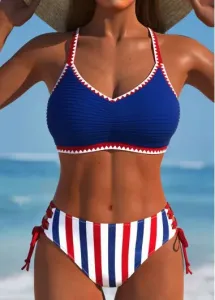 Modlily Lace Up Striped Navy Bikini Set - S