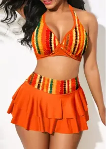 Modlily Layered High Waisted Multi Stripe Print Orange Bikini Set - XL