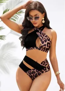 Modlily Leopard Cross Strap Contrast Bikini Set - XL