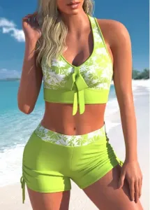 Modlily Light Green Cross Strap Floral Print Bikini Set - XXL