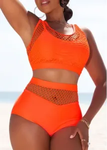 Modlily Mesh Patchwork High Waisted Orange Bikini Set - M