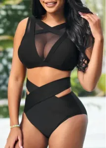 Modlily Mesh Stitching High Waisted Black Bikini Set - XL