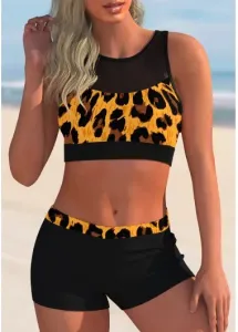 Modlily Mesh Stitching Leopard Mid Waist Bikini Set - XL