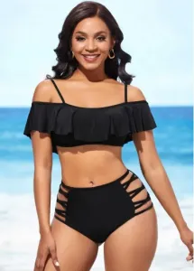 Modlily Mid Waist Black Flounce Lace Up Bikini Set - XL