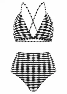 Modlily Three-piece High Waisted Geometric Print Black Bikini Set - L