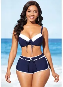 Modlily Navy Blue Mid Waist Drawstring Front Bikini Set - XL