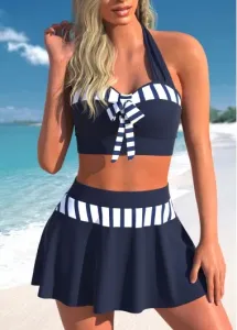 Modlily Patchwork High Waisted Striped Blue Bikini Set - L
