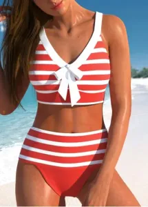 Modlily Patchwork High Waisted Striped Coral Bikini Set - S