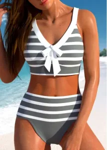 Modlily Patchwork High Waisted Striped Grey Bikini Set - S