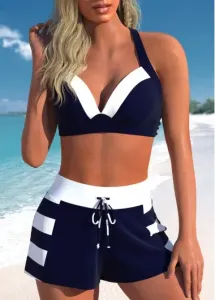 Modlily Patchwork High Waisted Striped Navy Bikini Set - L