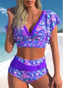 Modlily Purple High Waisted Ditsy Floral Print Bikini Set - L