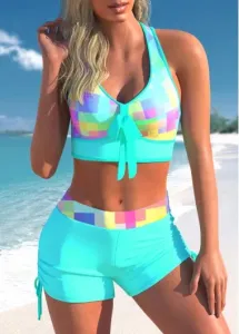 Modlily Rainbow Color Plaid Bowknot Cross Strap Bikini Set - XL