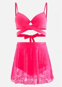 Modlily Hot Pink Lace Stitching High Waist Bikini Set - M