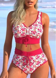 Modlily Ruched Ditsy Floral Print Hot Pink Bikini Set - M