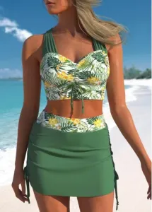 Modlily Ruched Floral Print Green Bikini Set - L