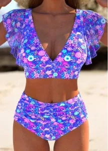 Modlily Ruffle Ditsy Floral Print Purple Bikini Set - L