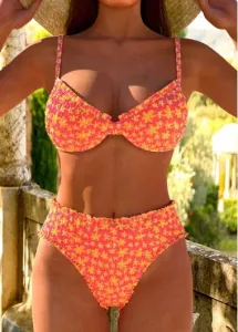 Modlily Smocked Ditsy Floral Print Coral Bikini Set - L