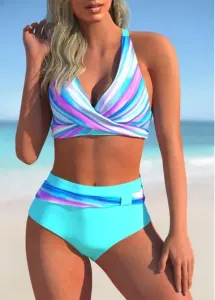 Modlily Stripe Print Cyan Cross Strap Bikini Set - XL