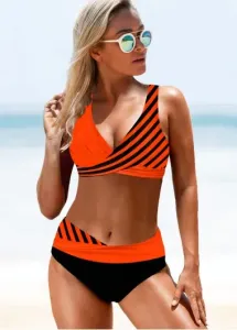 Modlily Lace Up Mid Waisted Striped Orange Bikini Set - XXL