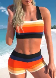 Modlily Stripe Print Multi Color Cross Strap Bikini Set - XXL