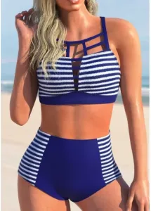 Modlily Stripe Print Navy Blue Cross Strap Bikini Set - M