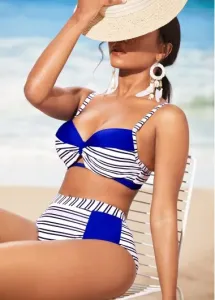 Modlily Stripe Print Royal Blue Contrast Bikini Set - S