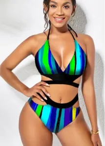 Modlily Striped Mid Waist Halter Bikini Set - S