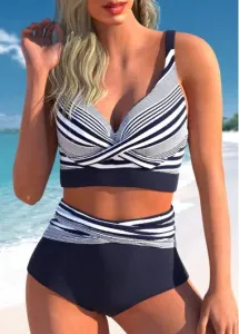 Modlily Surplice High Waisted Striped Navy Bikini Set - M