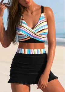 Modlily Surplice Multi Stripe Print Black Bikini Set - S