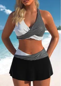 Modlily Surplice Striped Black Patchwork Bikini Set - L