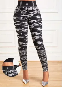Modlily Grey Camouflage Print High Waisted Ankle Length Leggings - 3XL