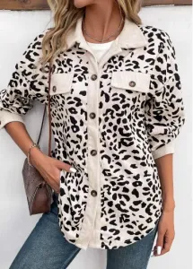 Modlily Beige Patchwork Leopard Long Sleeve Shirt Collar Coat - L