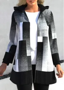 Modlily Black Patchwork Geometric Print Long Sleeve Hooded Coat - XXL