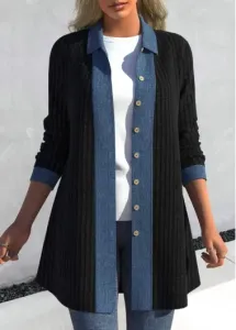 Modlily Black Patchwork Long Sleeve Shirt Collar Coat - L