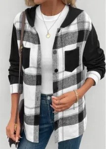 Modlily Black Patchwork Plaid Long Sleeve Hooded Coat - L #1213737