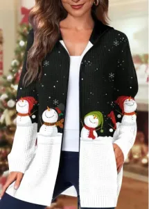 Modlily Black Pocket Christmas Snowman Print Long Sleeve Hooded Coat - M
