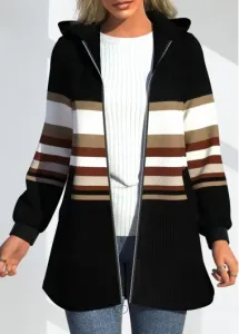 Modlily Black Zipper Striped Long Sleeve Hooded Coat - L