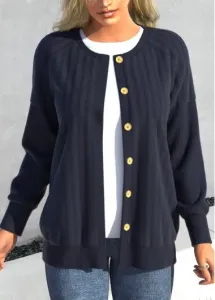 Modlily Blue Button Long Sleeve Round Neck Coat - XL