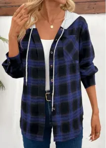 Modlily Blue Patchwork Plaid Long Sleeve Hooded Coat - 2XL