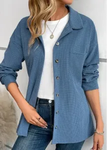Modlily Blue Pocket Long Sleeve Shirt Collar Coat - 3XL