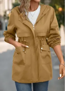 Modlily Light Camel Pocket Long Sleeve Hooded Coat - XL #1199031